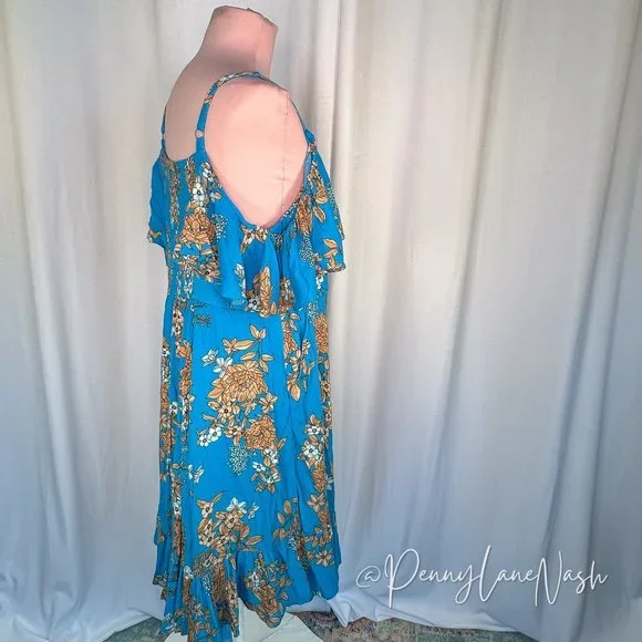 Torrid Plus Mini Gauze Cold Shoulder Skater Dress Blue Floral - Picture 9 of 11